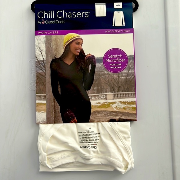 Cuddl Duds Chill Chasers Stretch Microfiber Long Sleeve V-Neck Top CD8585 Ivory - Picture 2 of 5